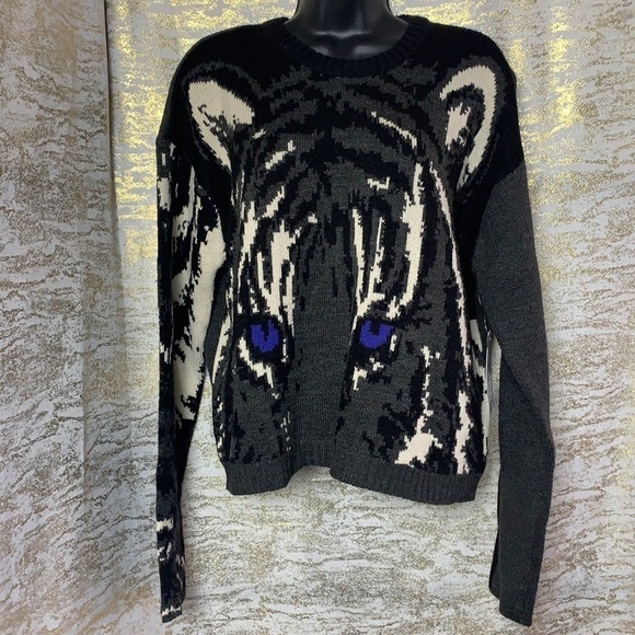 Retrod Grey With Tiger Print Logo Long Sleeve Knitted Sweater Size M - Picture 2 of 13